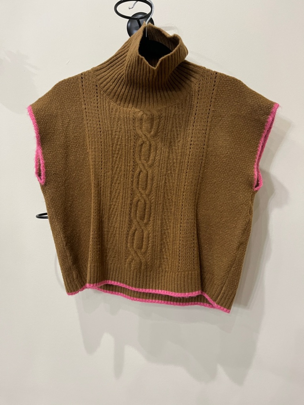 NEW Turtleneck Cable Knit Sleeveless Sweater in Brown with Pink Trim